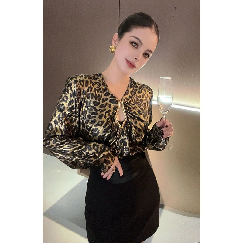 （特价-原创）V领金扣豹纹长袖衬衫CS27777