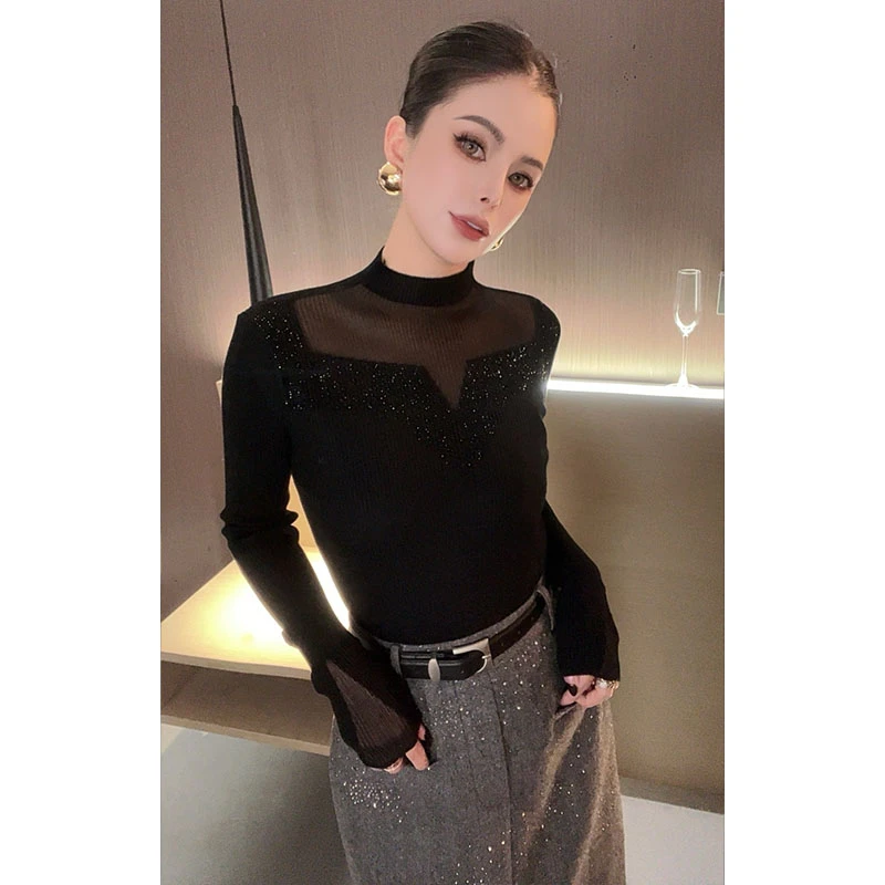 V字重工烫钻拼纱毛衣MY30018