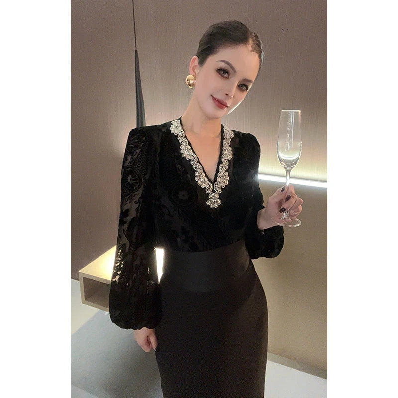 （特价）重工V领植绒长袖衬衫CS28054