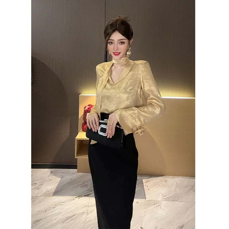 （特价带飘带）V领飘带金丝衬衫CS27762