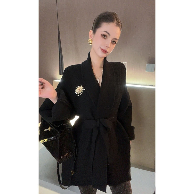 （特价配腰带）翻领光板中长款针织开衫外套WT30043