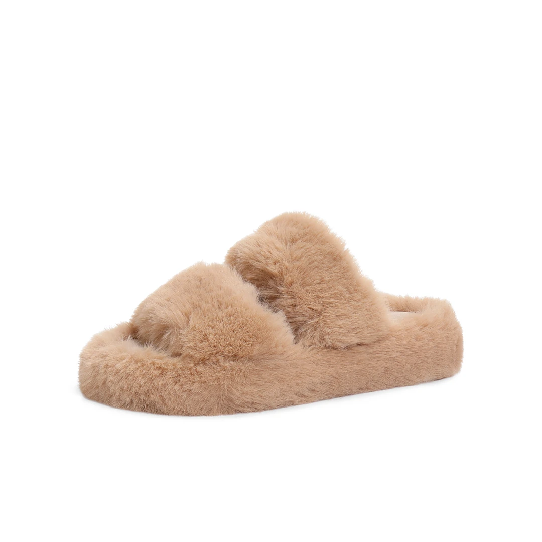 百丽定制毛毛女鞋防滑外穿拖鞋百搭冬季休闲毛绒厚底交叉毛拖秋冬