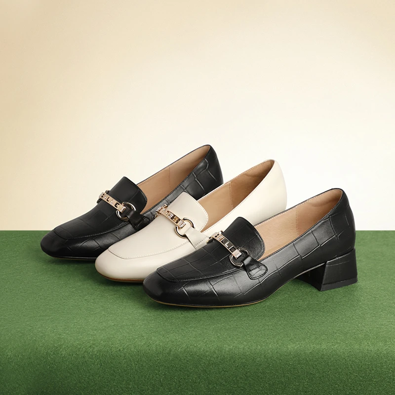 百丽乐福鞋女款优雅通勤商场同款时尚百搭羊皮革粗跟浅口Y6R1DCA2