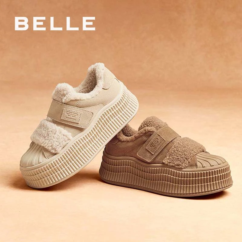 百丽休闲舒适板鞋女2025春季新款厚底加绒魔术贴保暖板鞋D3L1DAM5