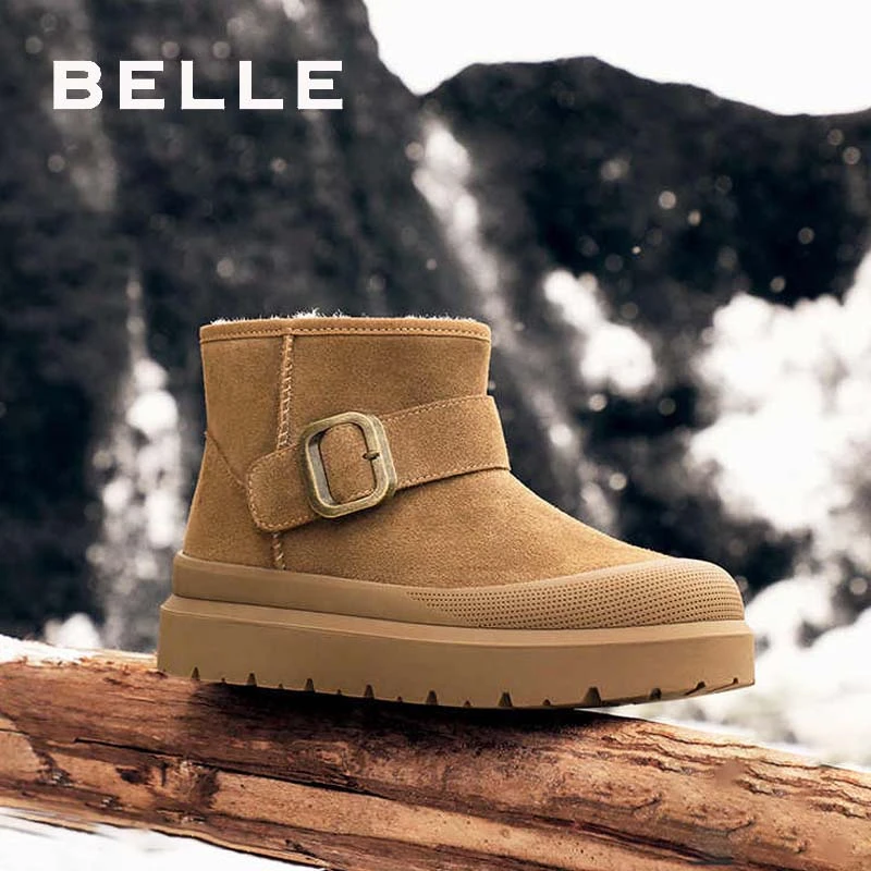 百丽户外休闲雪地靴棉鞋女冬季新款厚底百搭保暖加绒短靴B2168DM4