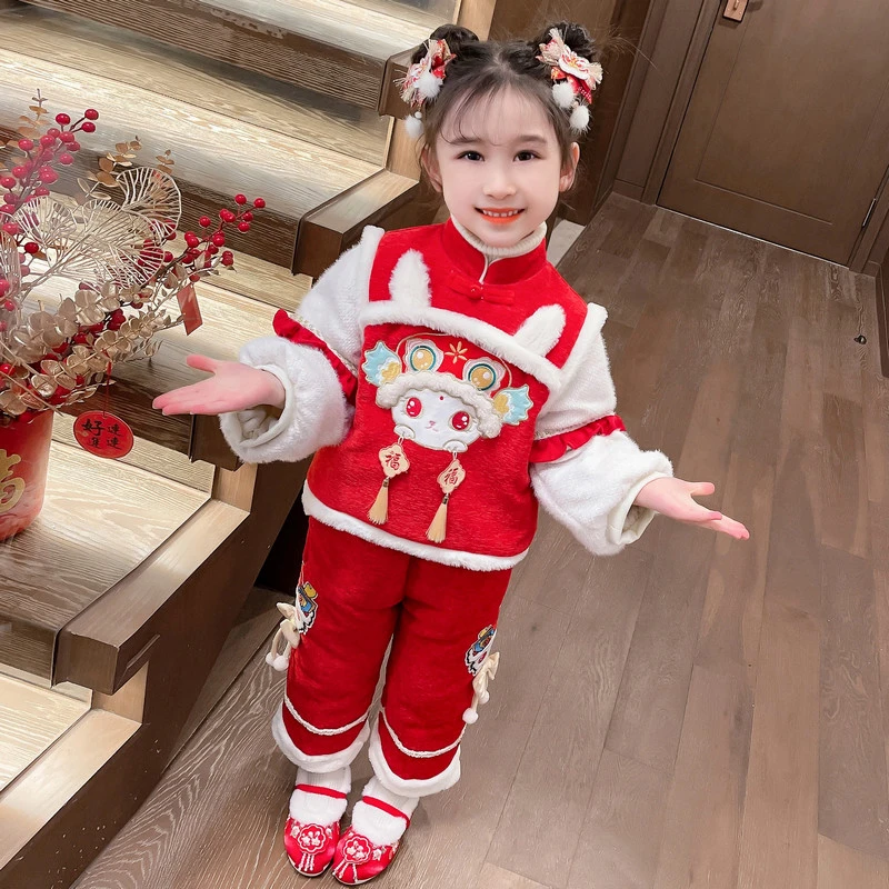 女童流苏年服套装加绒冬季新款儿童洋气喜庆表演服宝宝过年衣服潮