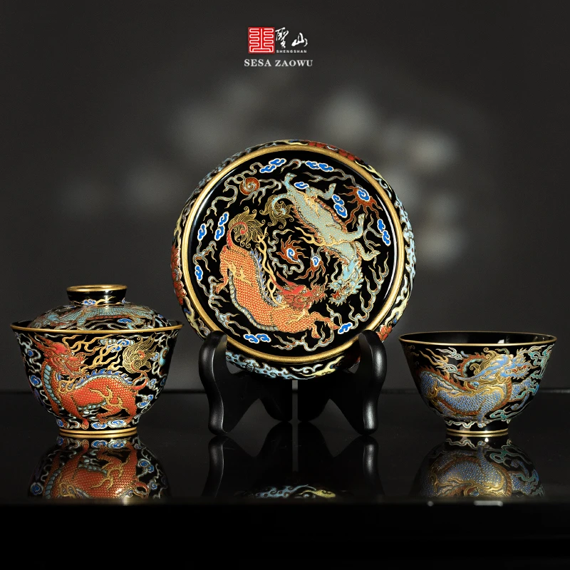 圣山先生高端乌金釉措金银麒麟送福盖碗茶杯景德镇陶瓷茶具盖碗