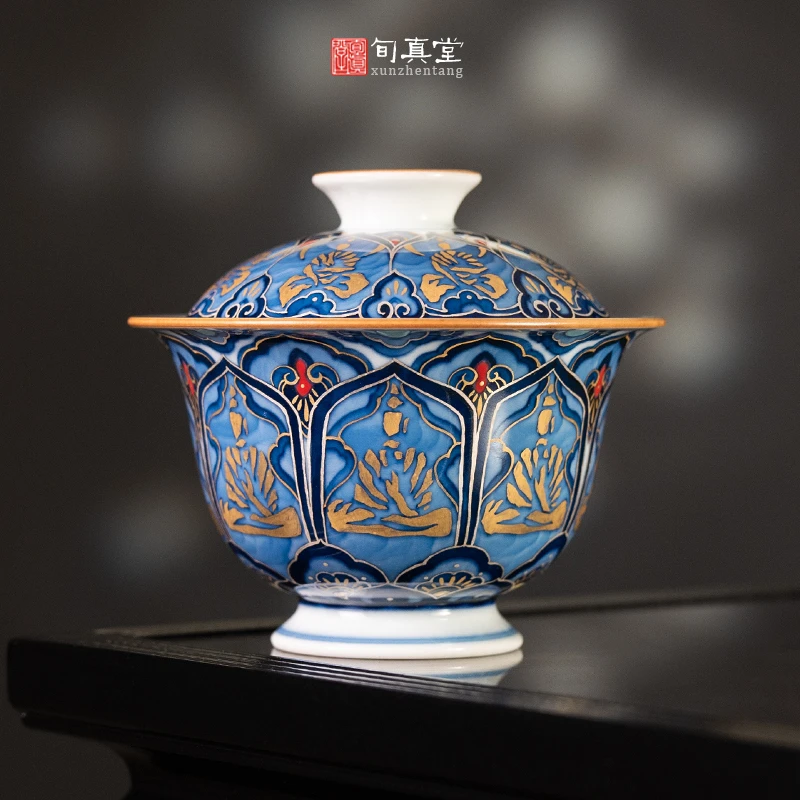 措金银青花粉彩佛线纹盖碗