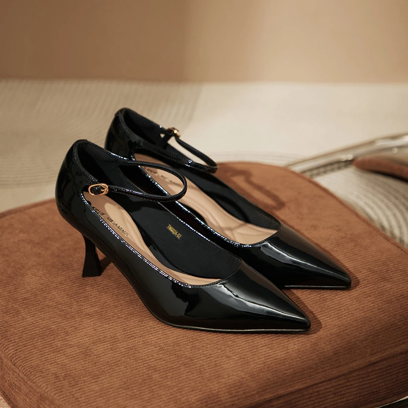 真谛黑色细跟轻奢女士法式单鞋女浅口百搭气质时尚尖头浅口高跟鞋