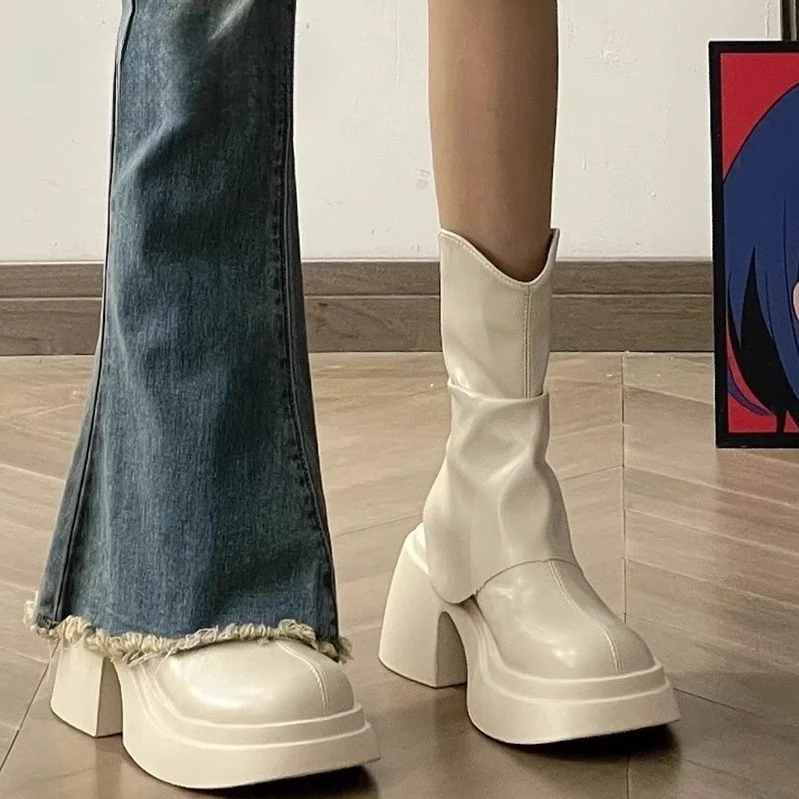 瘦瘦靴女粗跟2024春秋英伦风烟管厚底短靴小个子增高弹力切尔西靴