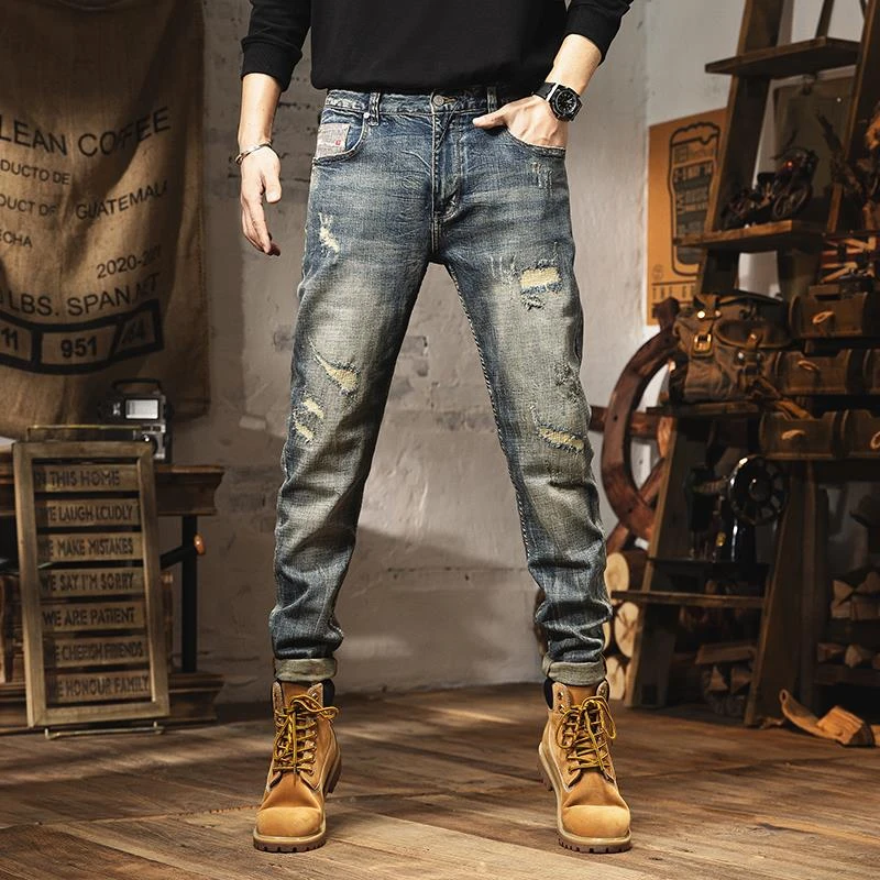 2024春秋美式潮牌破洞高端牛仔裤男修身百搭复古怀旧弹力直筒裤子