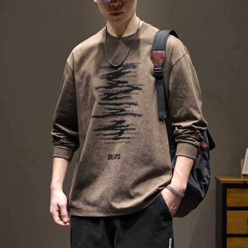270G重磅复古水洗长袖T恤男士秋季新款宽松潮牌美式印花圆领上衣