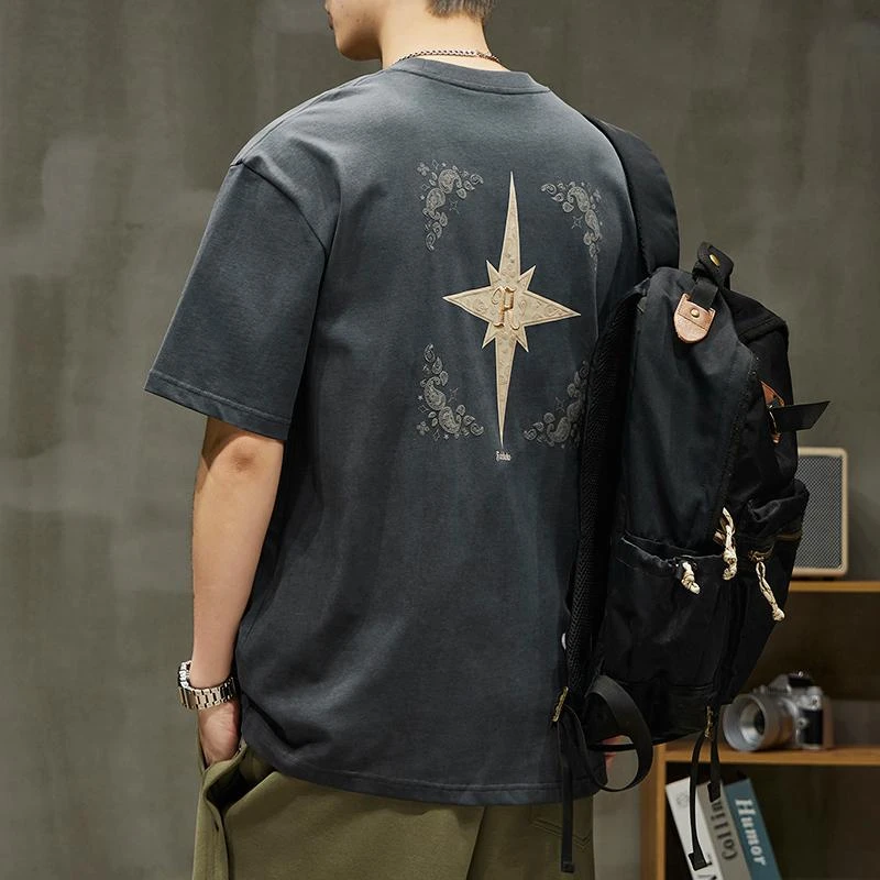 美式复古新款短袖T恤男士夏季薄款高密针织宽松百搭刺绣半袖体恤