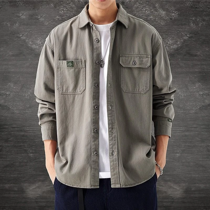 高级感美式重磅口袋纯棉衬衣男长袖春秋新款日系复古工装衬衫外套