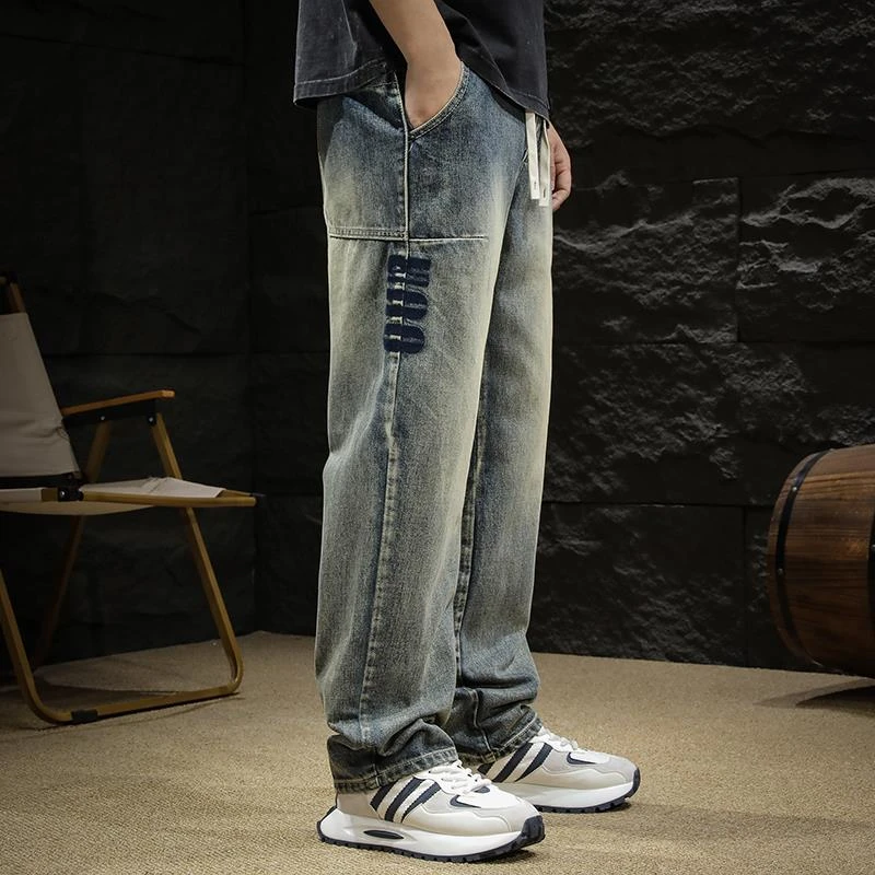 春秋美式复古牛仔裤男宽松直筒长裤高街潮牌男生水洗休闲裤子潮流