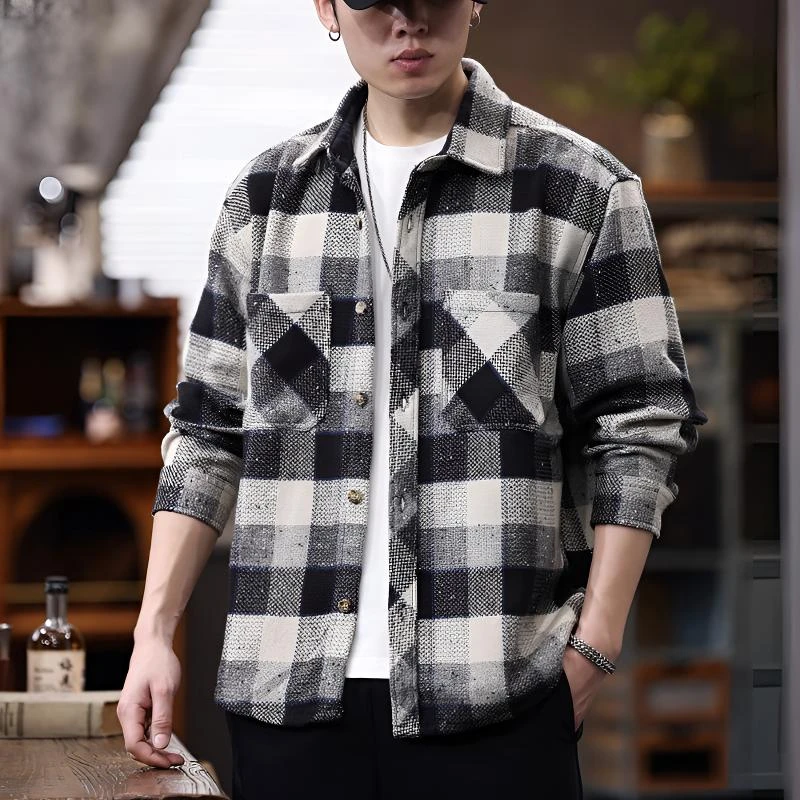 秋季男士衬衫复古经典格子撞色时尚舒适翻领休闲外套男款宽松上衣