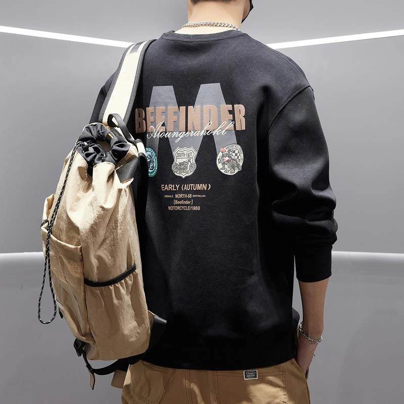 秋冬季350g美式重磅卫衣男宽松爆款复古高级印花圆领休闲潮牌上衣