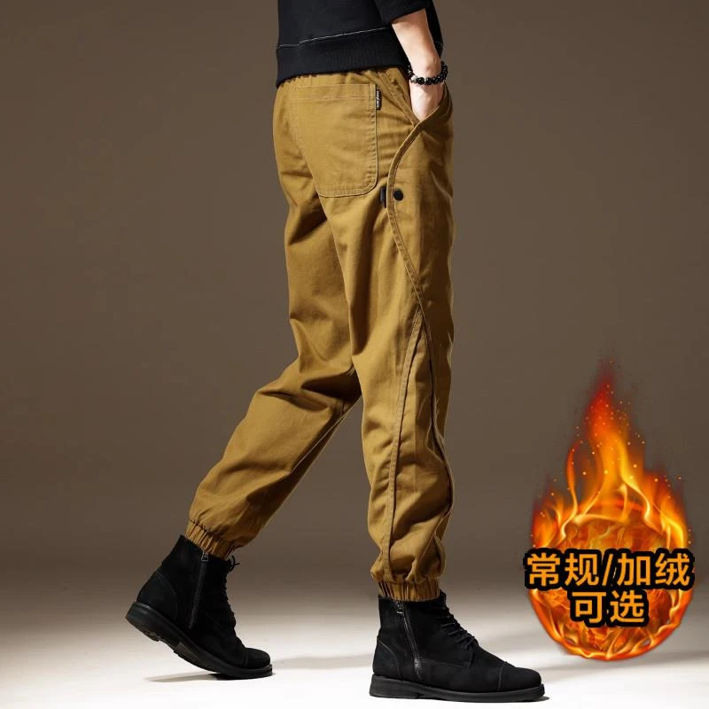 秋季驼色重磅复古工装裤子男宽松直筒秋季束脚裤加绒男士休闲长裤