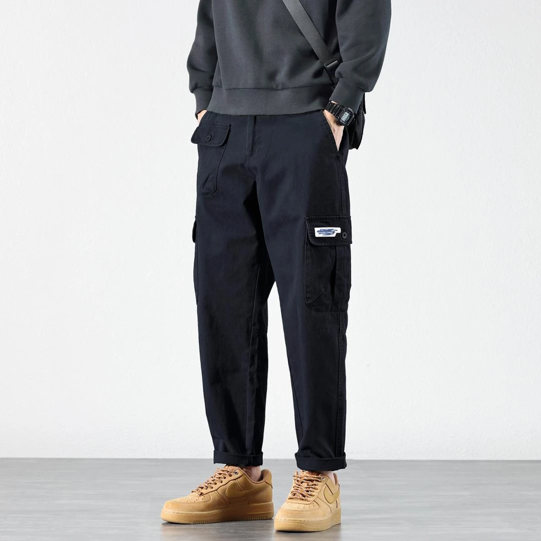 日系复古黑色工装裤男款秋冬季潮牌休闲裤纯棉男士加绒微锥哈伦裤