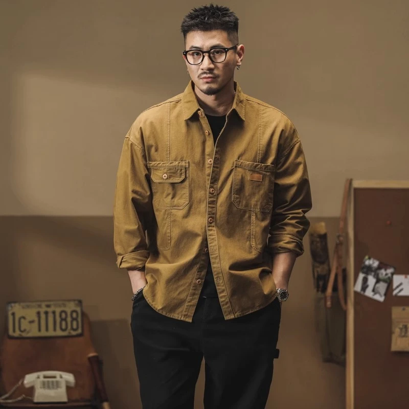 美式工装衬衫男宽松纯棉长袖衬衣男士2025春秋季潮流复古休闲外套