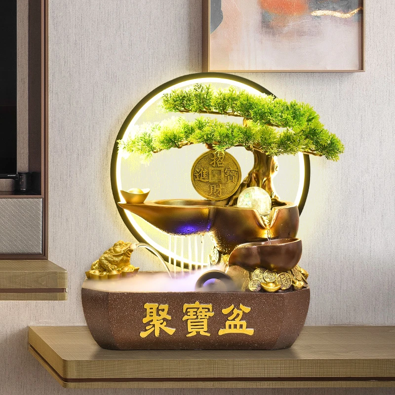 新中式办公室桌面聚宝盆开业礼物福禄流水摆件循环水景观装饰品
