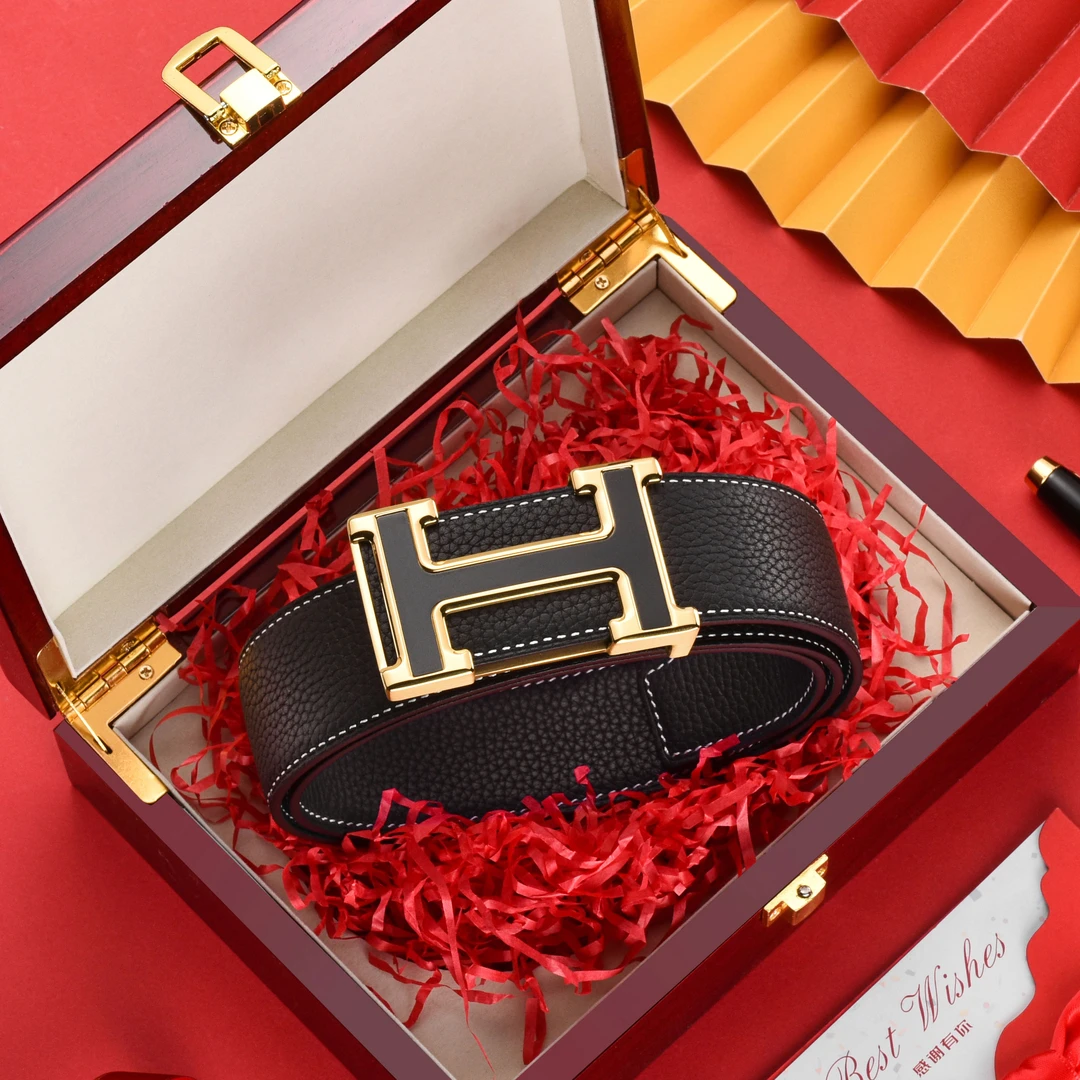 HEMR正品真牛皮皮带男士高档轻奢真皮平滑扣腰带送男友生日礼物