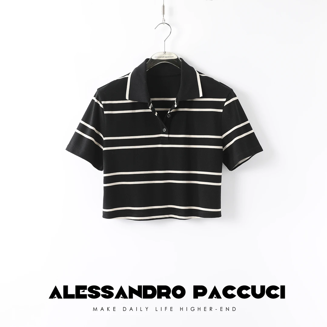 Alessandro PaccuciAP洛哥23013X肌理感1oo棉  短款条纹翻领T恤