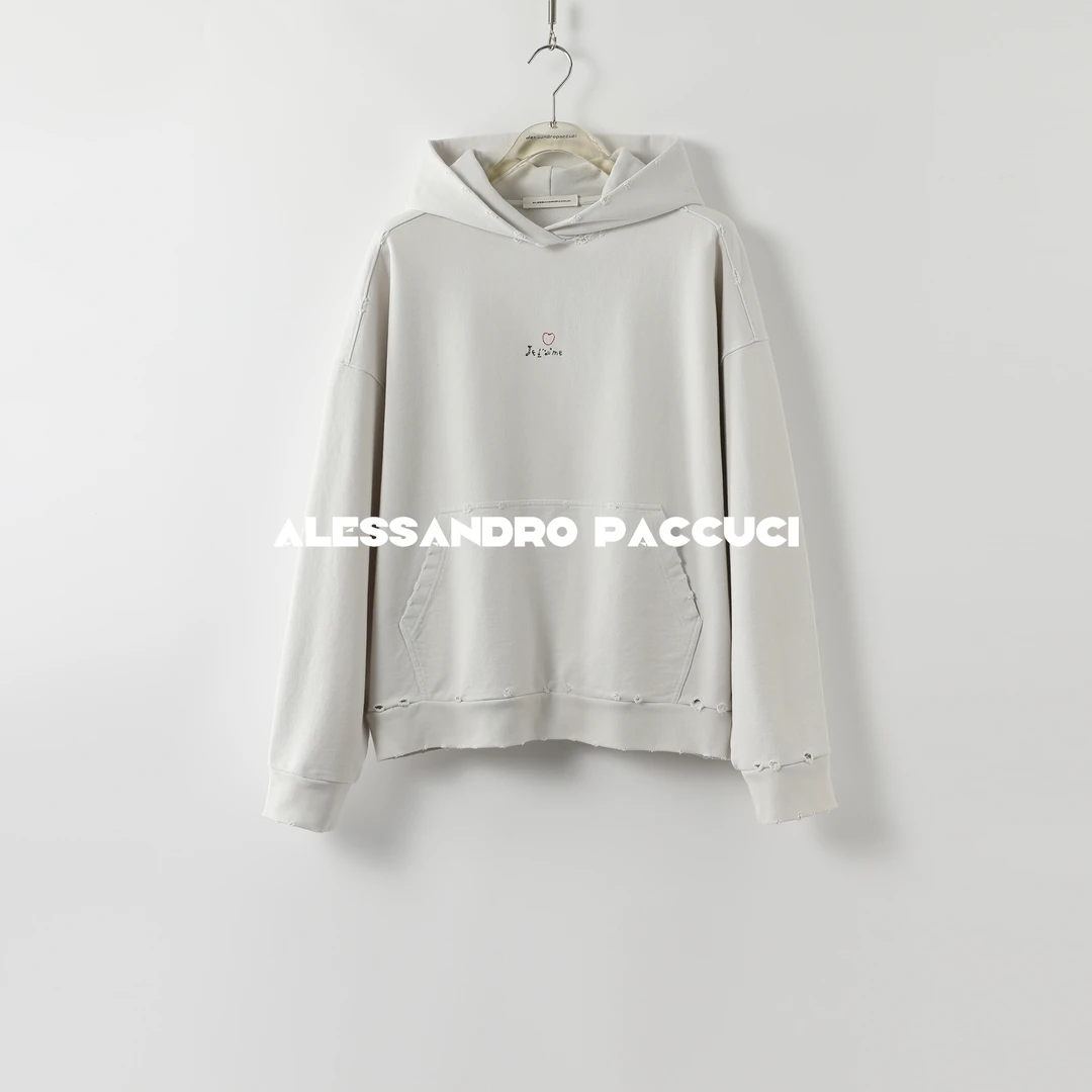 【孤品不退换】24744X【艺术碰撞】棉宽松刺绣磨破重酵素洗连帽卫衣