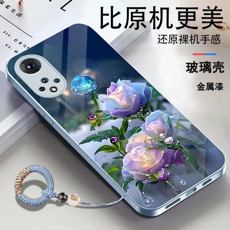 适用荣耀50金属漆玻璃花朵耐脏全包防摔挂绳手机壳