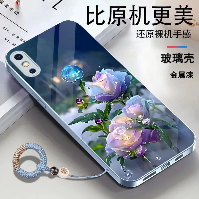 适用苹果XsMax金属漆玻璃花朵耐脏全包防摔挂绳手机壳