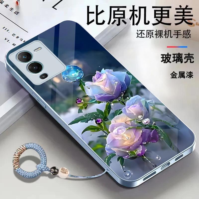 适用vivoS15金属漆玻璃花朵耐脏全包防摔挂绳手机壳