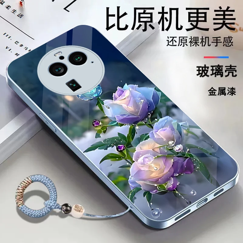 适用OPPOFindX6Pro金属漆玻璃花朵耐脏全包防摔挂绳手机壳