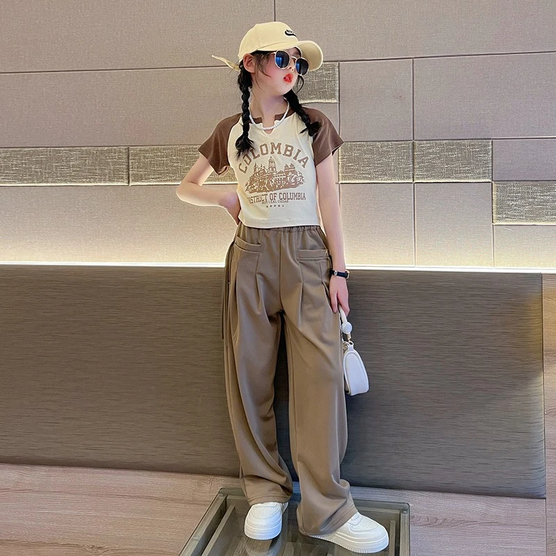 女童短袖T恤套装夏季新款儿童休闲百搭上衣直筒裤中大童两件套潮