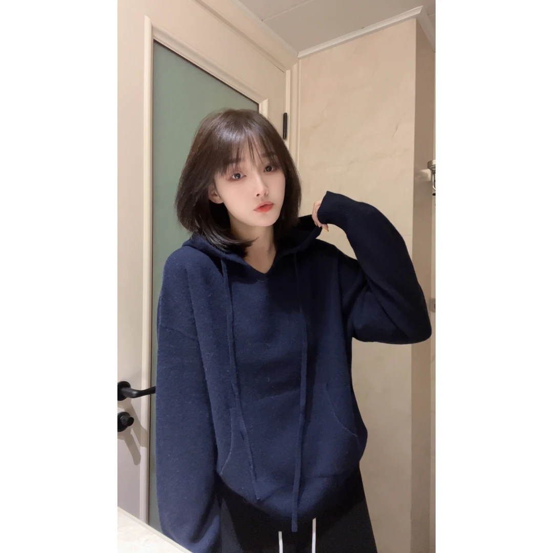 【玥玥家】100%羊毛【不可机洗】无缝一体休闲连帽抽绳羊毛长袖针织衫