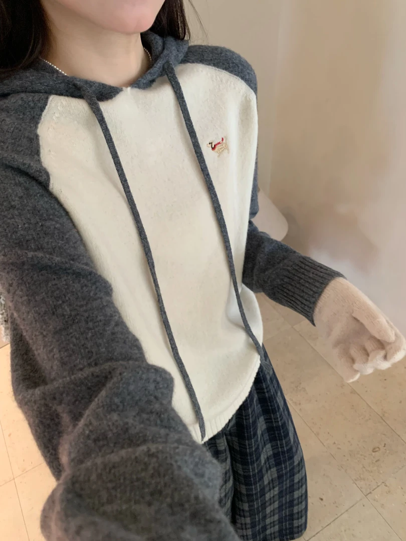 【玥玥家】[不可机洗]100%纯羊毛-无缝一体-拼色长袖针织帽衫套头衫