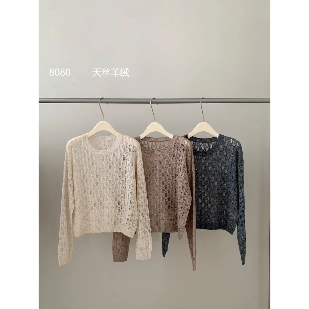 【玥玥家】山羊绒+绵羊毛+莱赛尔-镂空珠片圆领针织衫长袖