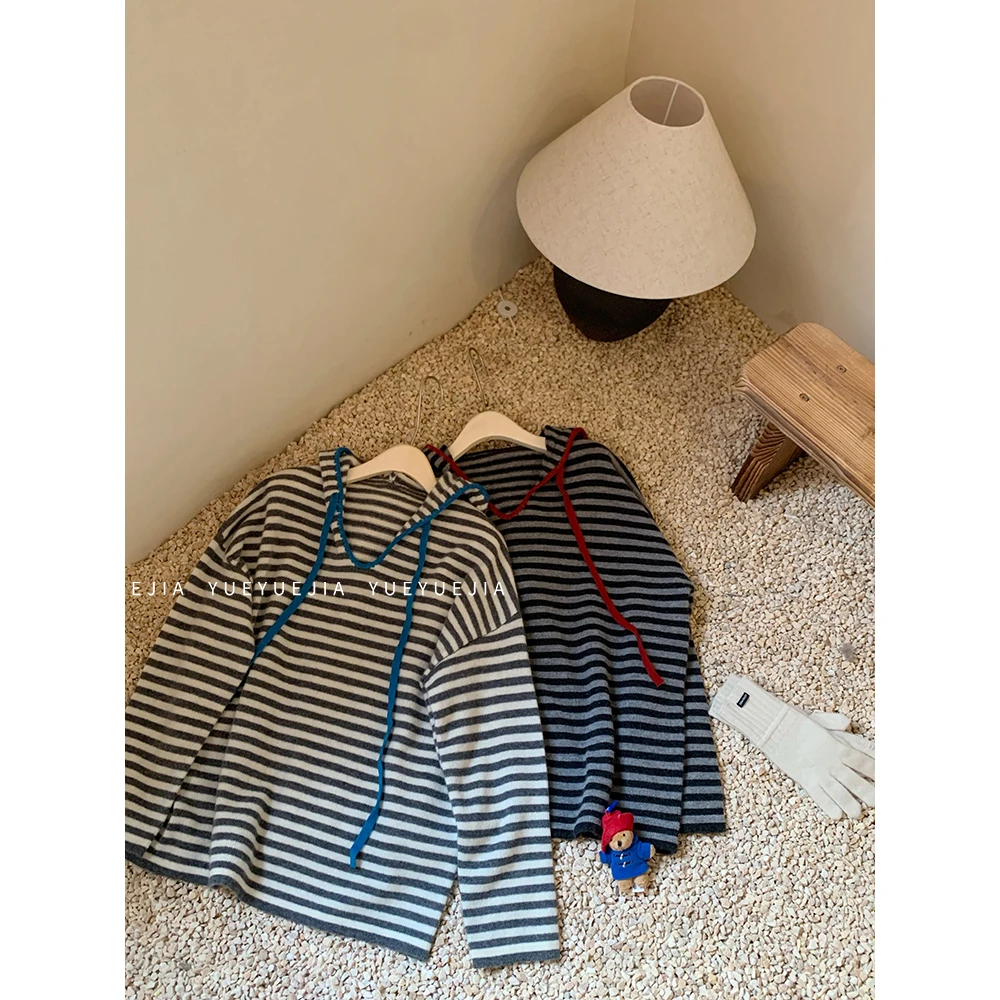 【玥玥家】100%羊毛【不可机洗】条纹装色连帽长袖针织衫