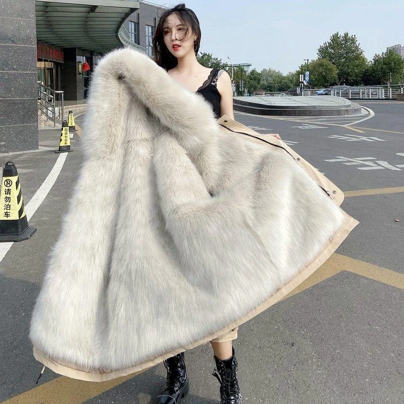 仿狐狸毛保暖派克服女加厚中长款小姐姐冬季百搭洋气新款外套大衣