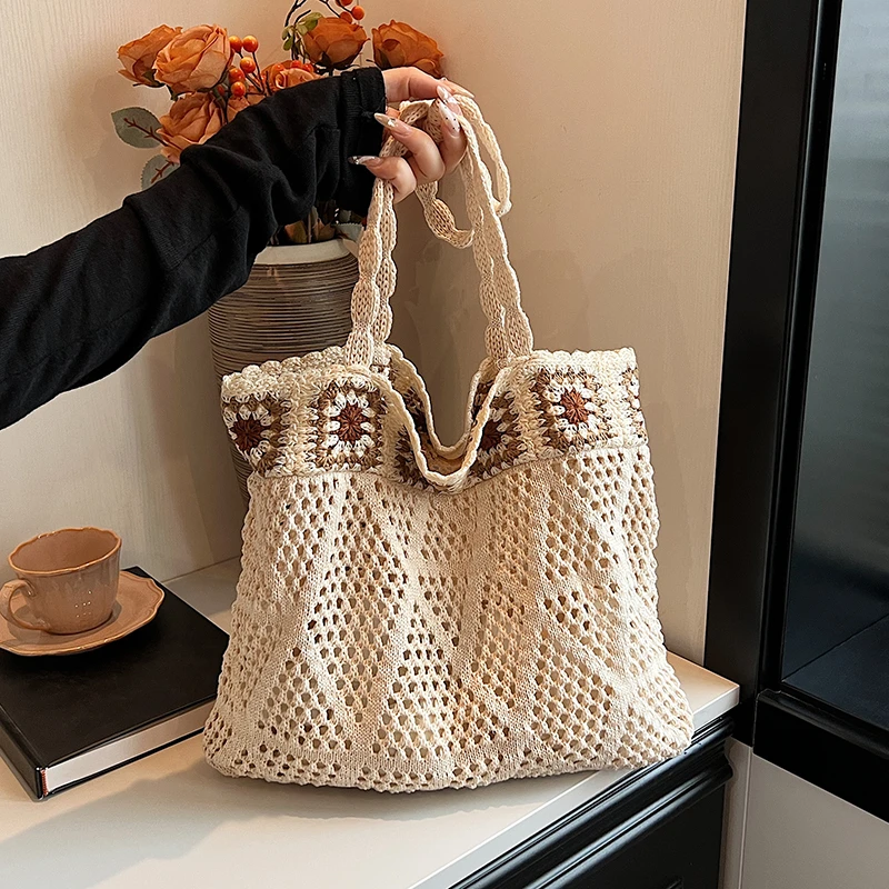 松弛感大容量包包女2025年新款通勤单肩包休闲镂空百搭针织托特包
