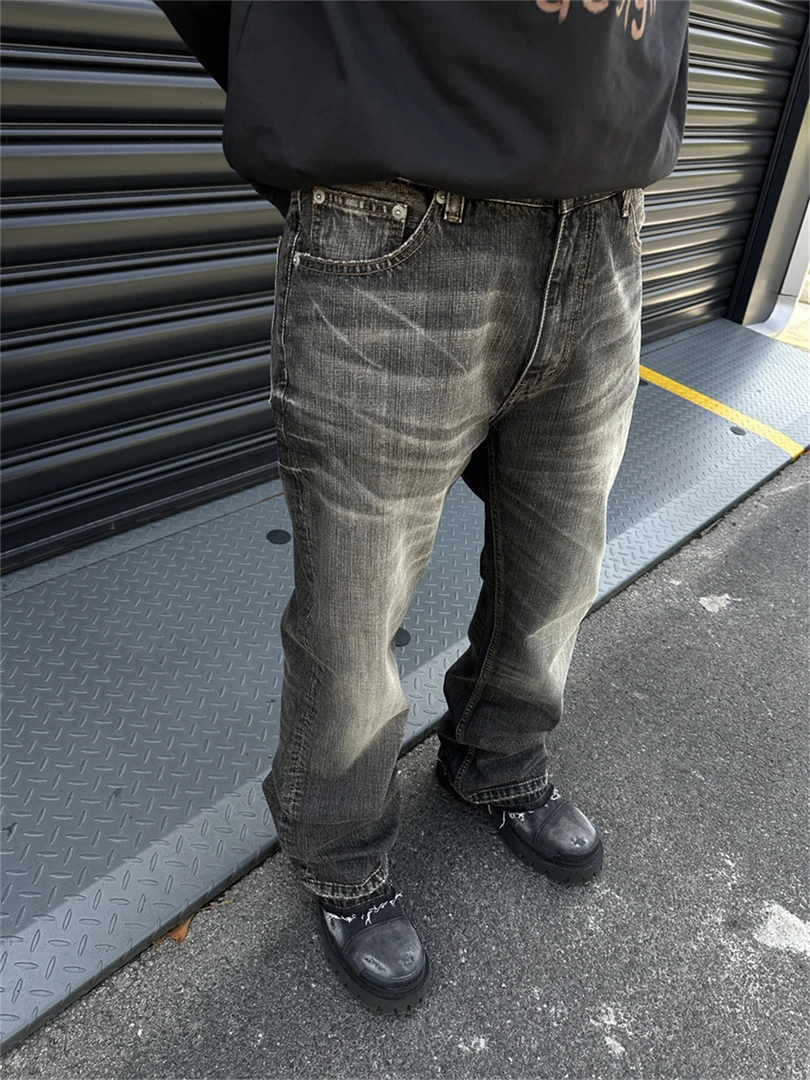 FODH方哥◆14OZ复古直筒微喇水洗做旧毛边破坏立体猫须牛仔裤重制
