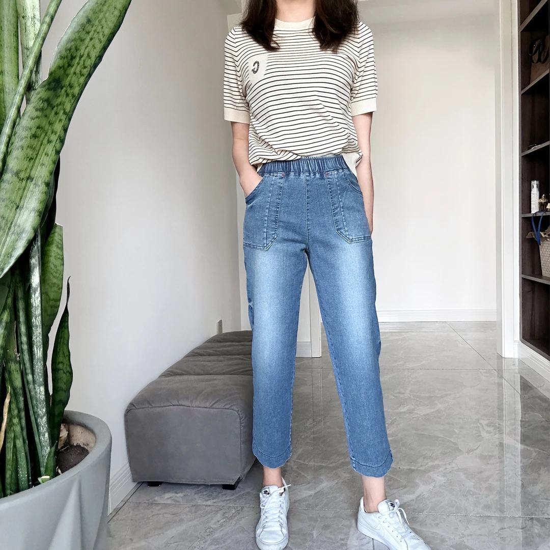 H.L【夏】【直筒微阔】【星星】经典蓝色高腰弹力微胖女裤高档气质