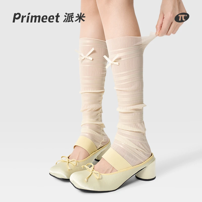 PRIMEET/派米袜套女夏季薄款腿套芭蕾风小腿袜蕾丝蝴蝶结袜子长袜