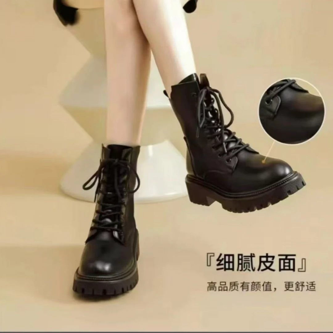 马丁靴女2024新款秋冬季爆款英伦风厚底瘦瘦短靴黑色靴子百搭单靴