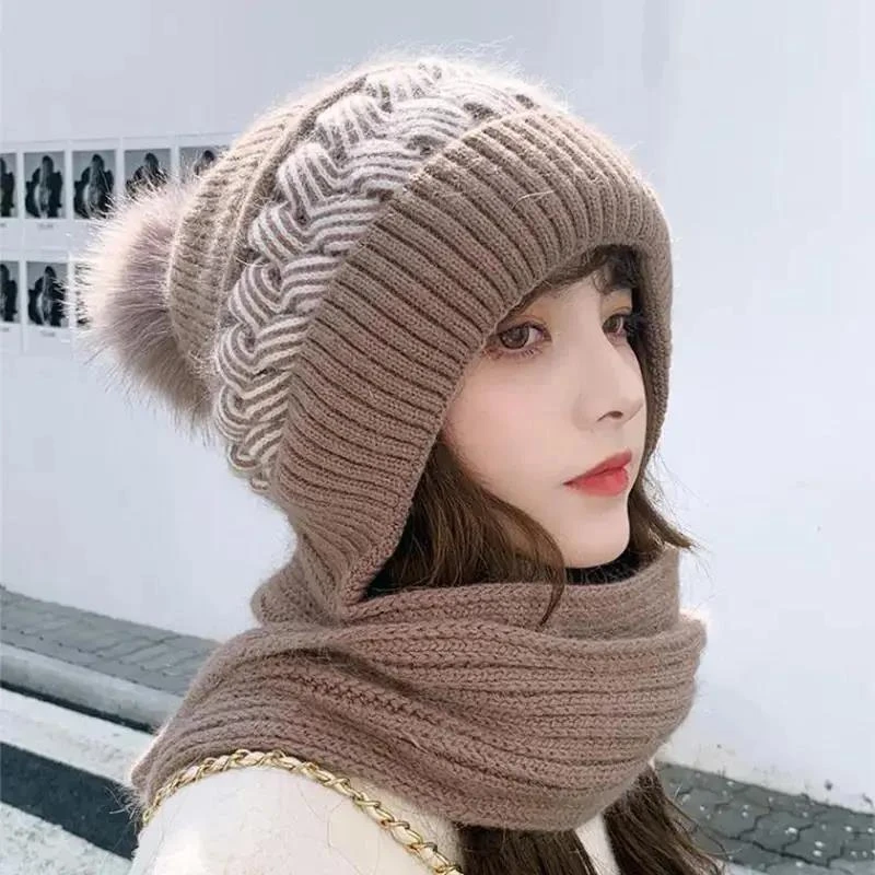 连体帽子围巾女冬季护耳保暖针织毛线帽甜美一体骑车帽户外滑雪帽