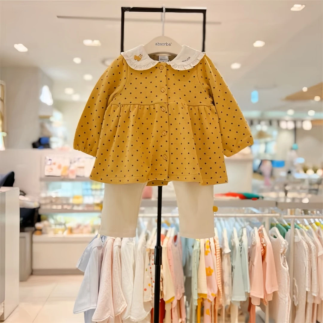 23003纯原韩单爱zhi宝女宝波点甜美风洋气韩版娃娃领套装