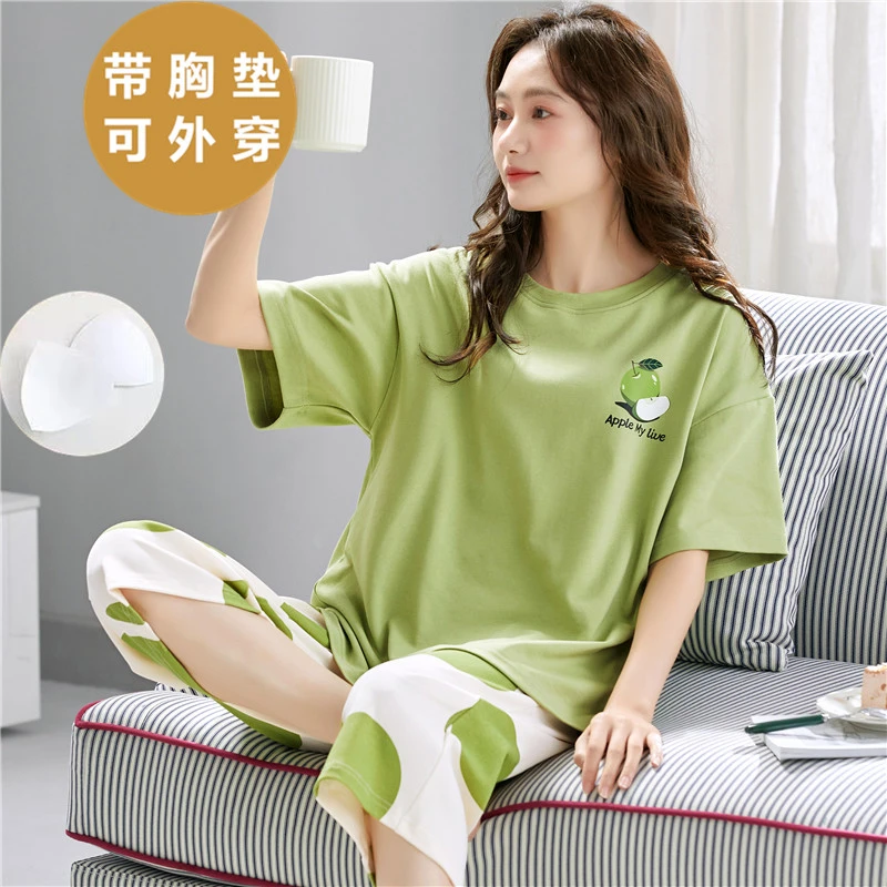 睡衣女夏季短袖七分裤薄款带胸垫一体韩版时尚宽松夏天家居服套装