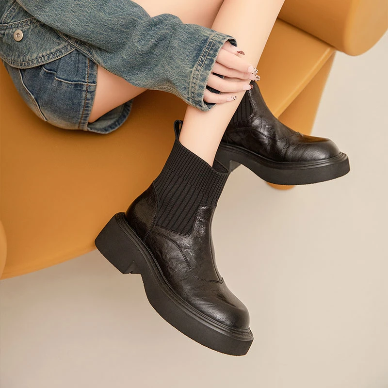 羊皮法式粗跟女靴秋冬爆款百搭马丁靴厚底加绒切尔西短靴