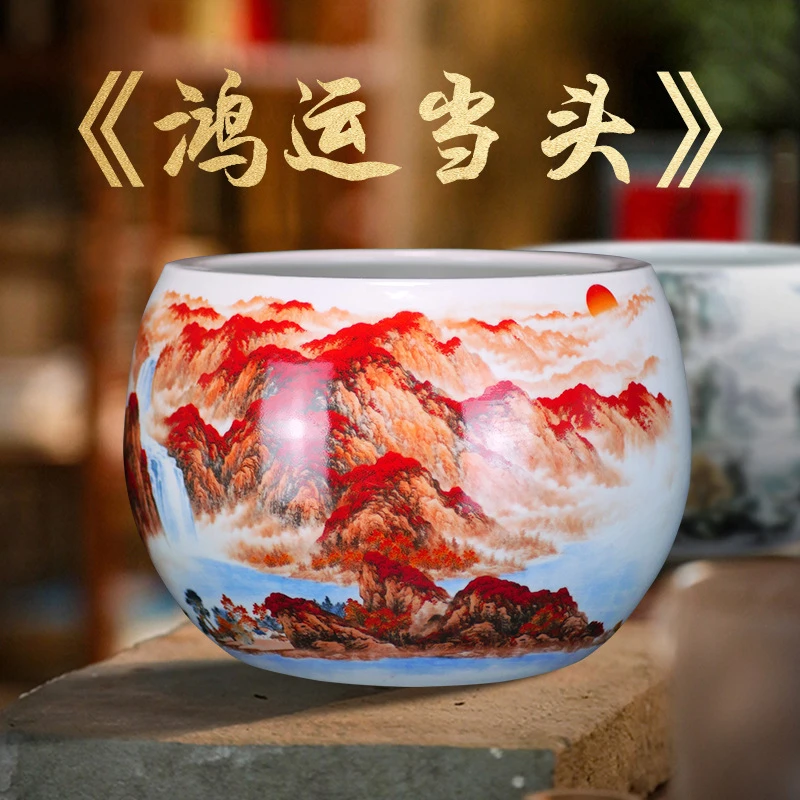 景德镇陶瓷器聚宝盆客厅家居养鱼缸鸿运当头装饰摆件送底座+证书