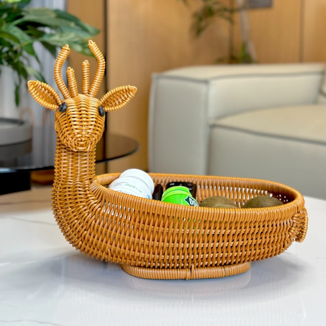 L1【春节待客】小鹿水果篮仿藤桌面零食托盘玩具收纳手工编织糖果篮