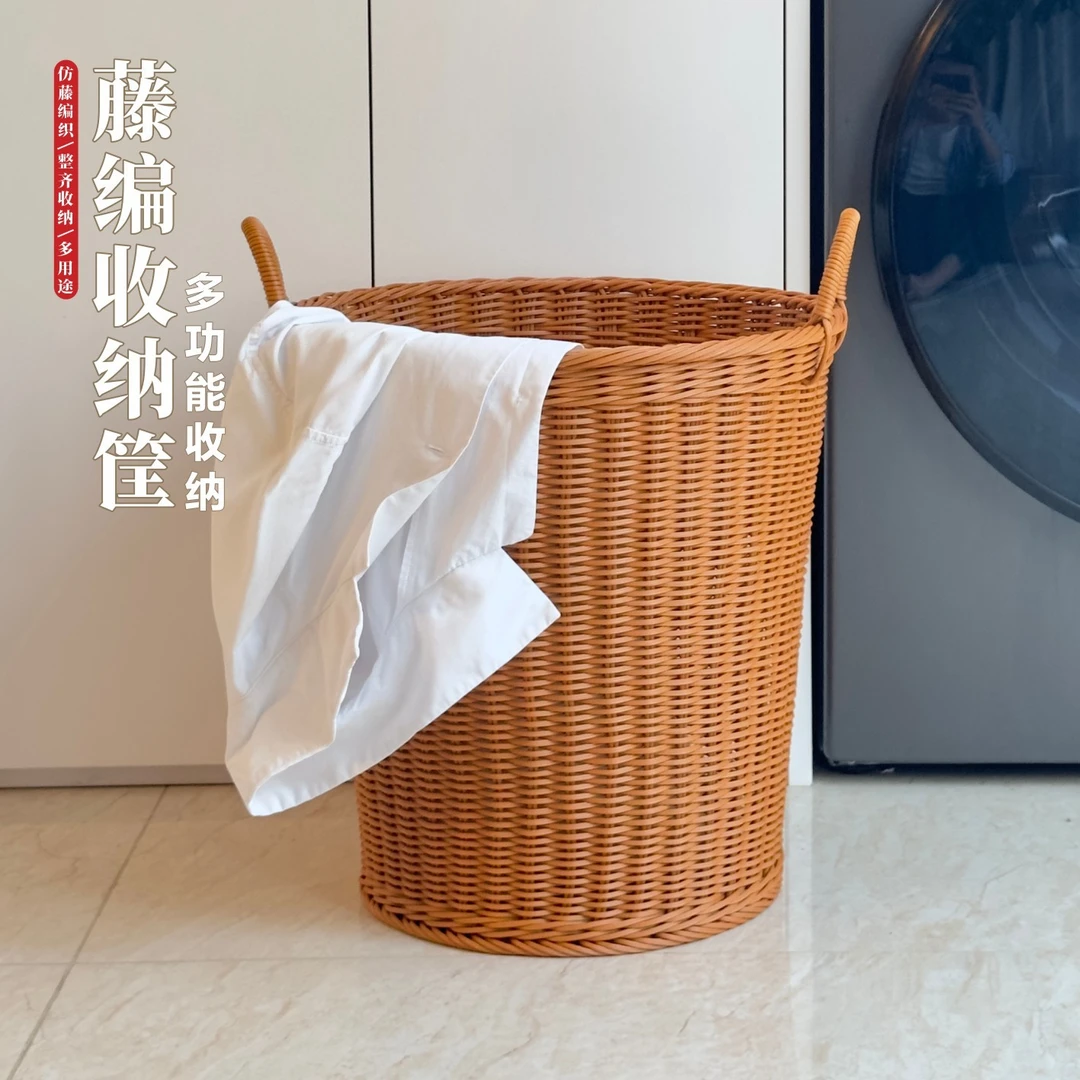 新仿藤洗衣篓脏衣篮圆形玩具收纳筐酒店衣物筐杂物篮浴室衣物篮